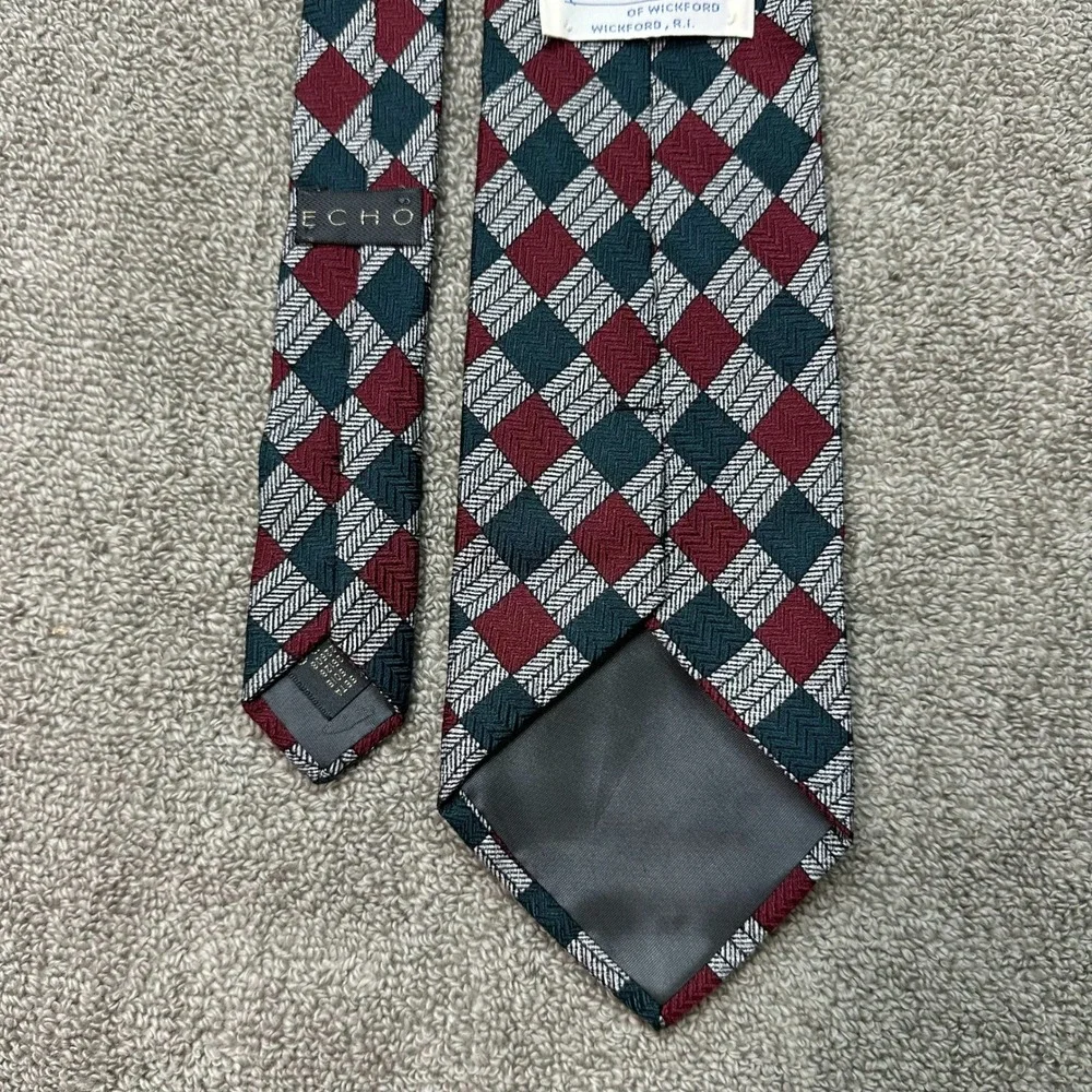 Echo Mens Silk Tie Burgundy Green Silver Harlequin Diamond Herringbone Vintage